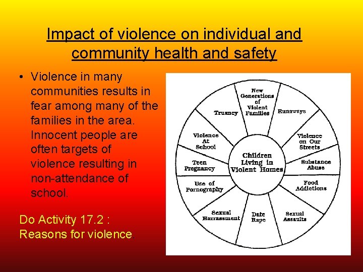 Impact of violence on individual and community health and safety • Violence in many