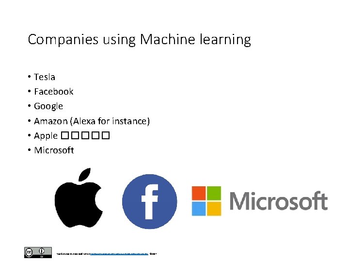 Companies using Machine learning • Tesla • Facebook • Google • Amazon (Alexa for Companies using Machine learning • Tesla • Facebook • Google • Amazon (Alexa for