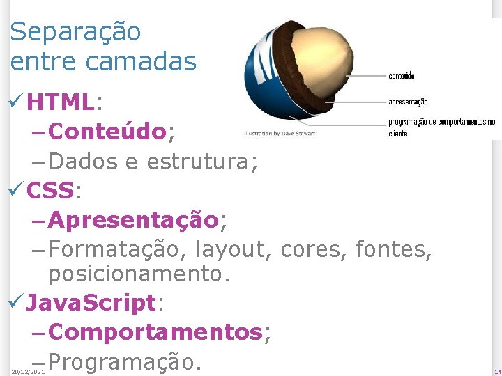 Separação entre camadas ü HTML: – Conteúdo; – Dados e estrutura; ü CSS: –