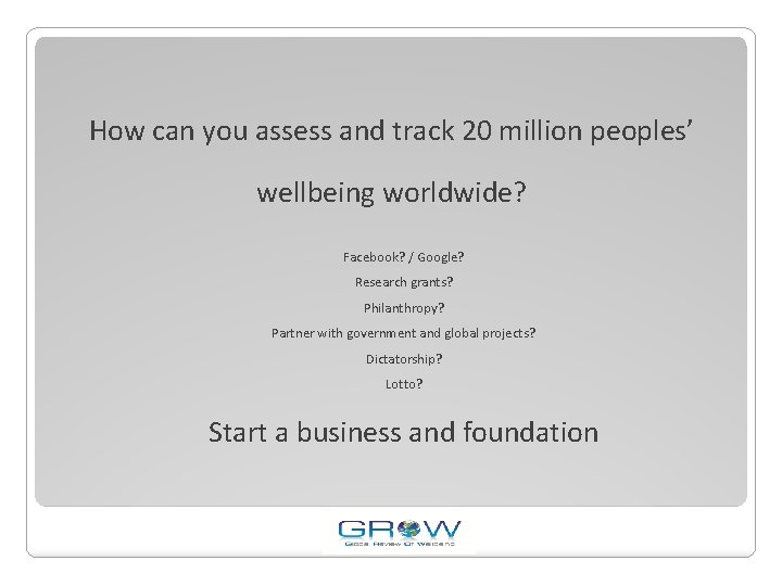 How can you assess and track 20 million peoples’ wellbeing worldwide? Facebook? / Google?