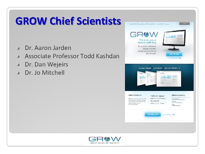 GROW Chief Scientists Dr. Aaron Jarden Associate Professor Todd Kashdan Dr. Dan Wejeirs Dr.