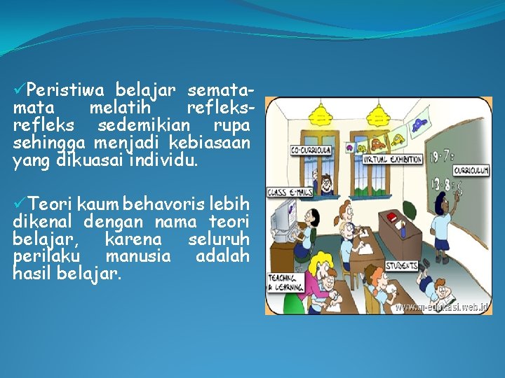 üPeristiwa belajar semata melatih refleks sedemikian rupa sehingga menjadi kebiasaan yang dikuasai individu. üTeori