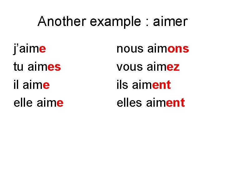 Another example : aimer j’aime tu aimes il aime elle aime nous aimons vous
