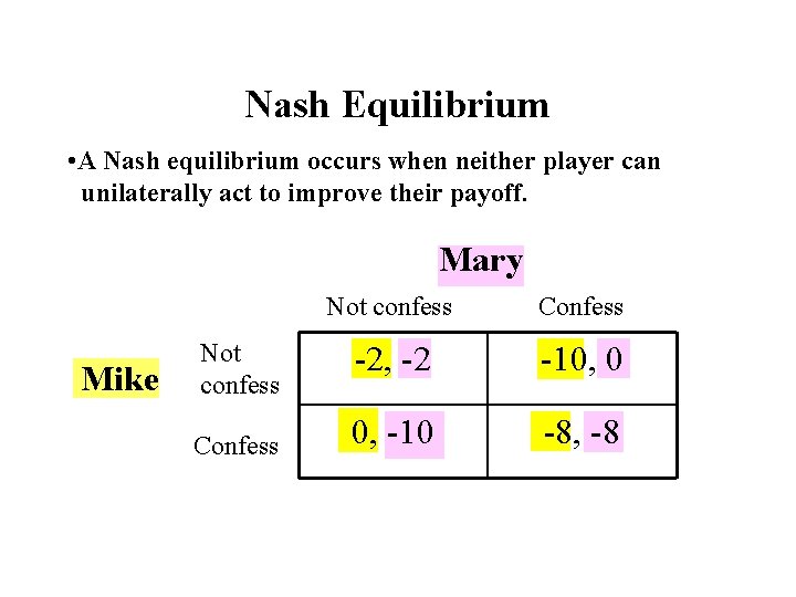 Nash Equilibrium • A Nash equilibrium occurs when neither player can unilaterally act to