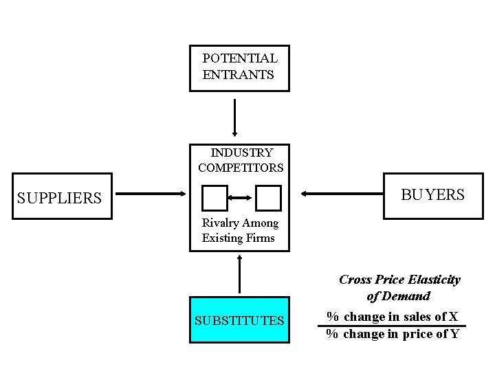 POTENTIAL ENTRANTS INDUSTRY COMPETITORS BUYERS SUPPLIERS Rivalry Among Existing Firms SUBSTITUTES Cross Price Elasticity