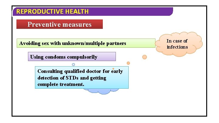 REPRODUCTIVE HEALTH Preventive measures Avoiding sex with unknown/multiple partners Using condoms compulsorily Consulting qualified