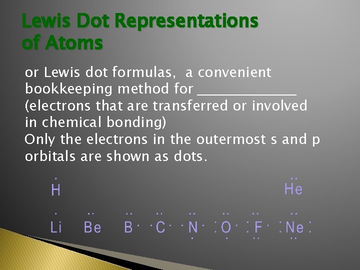 Lewis Dot Representations of Atoms or Lewis dot formulas, a convenient bookkeeping method for