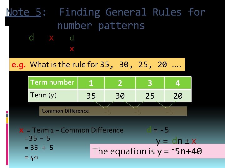 Note 5: y = dn ± x Finding General Rules for number patterns d
