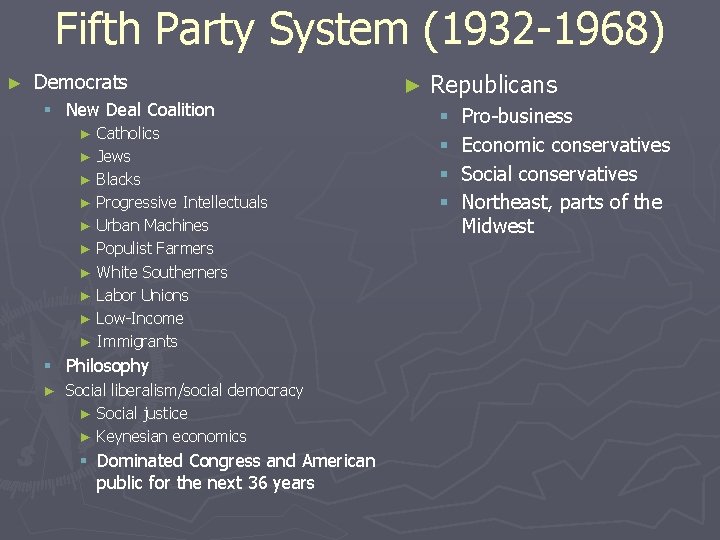 Fifth Party System (1932 -1968) ► Democrats § New Deal Coalition Catholics ► Jews