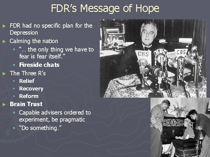 FDR’s Message of Hope FDR had no specific plan for the Depression ► Calming