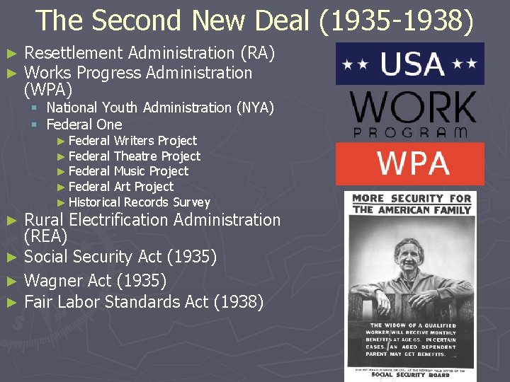 The Second New Deal (1935 -1938) ► ► Resettlement Administration (RA) Works Progress Administration
