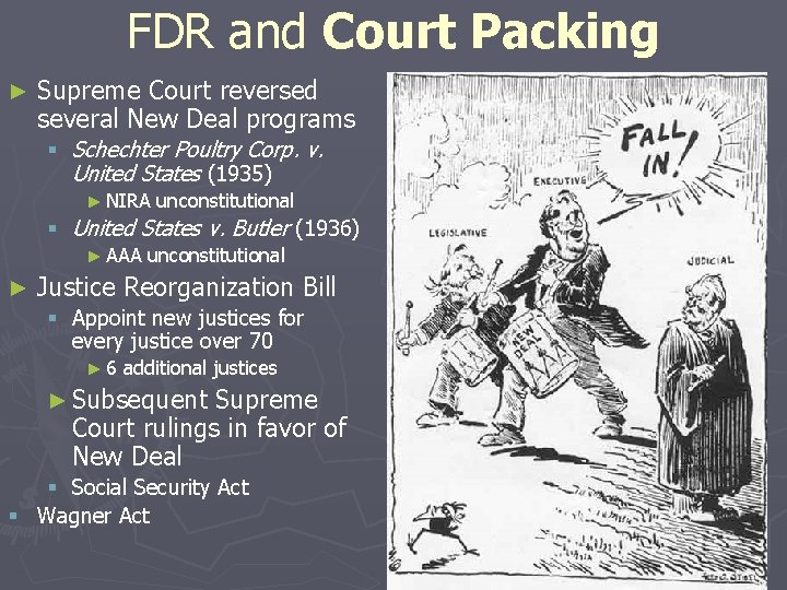 FDR and Court Packing ► Supreme Court reversed several New Deal programs § Schechter