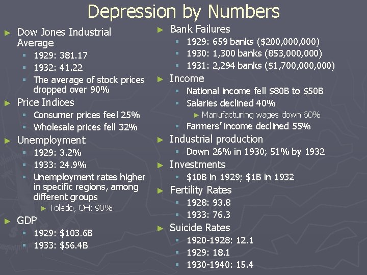 Depression by Numbers ► Dow Jones Industrial Average § § § ► 1929: 381.