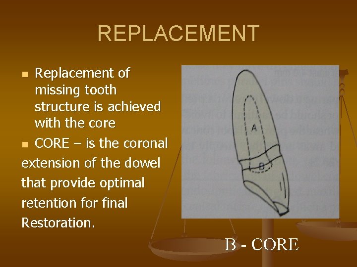 REPLACEMENT Replacement of missing tooth structure is achieved with the core n CORE –