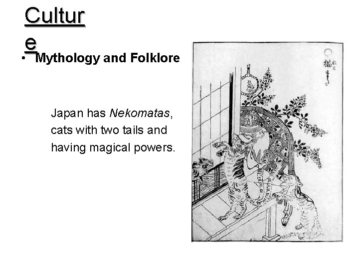 Cultur e • Mythology and Folklore Japan has Nekomatas, cats with two tails and