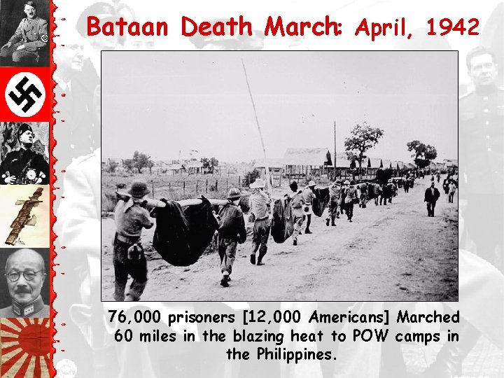 Bataan Death March: April, 1942 76, 000 prisoners [12, 000 Americans] Marched 60 miles