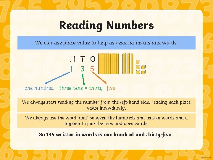 Reading Numbers We can use place value to help us read numerals and words.