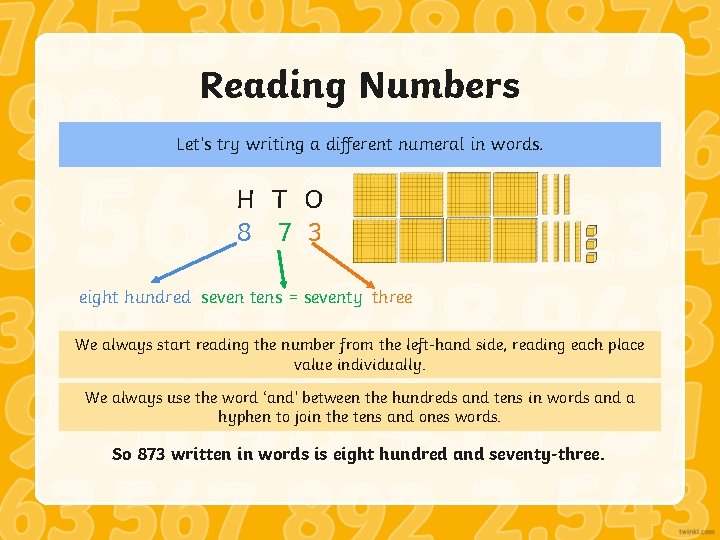 Reading Numbers Let’s try writing a different numeral in words. H T O 8