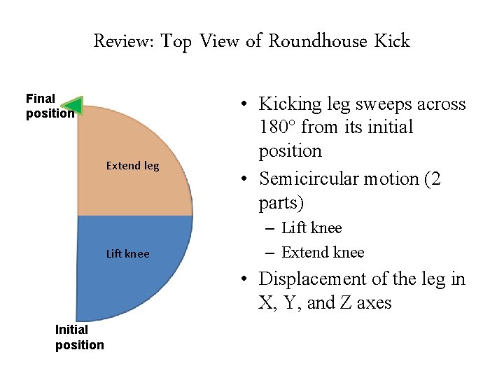Review: Top View of Roundhouse Kick Final position Extend leg Lift knee • Kicking