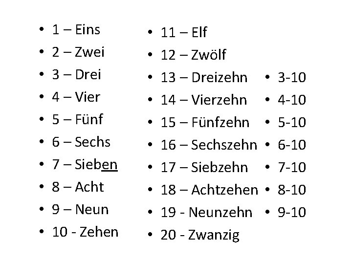  • • • 1 – Eins 2 – Zwei 3 – Drei 4