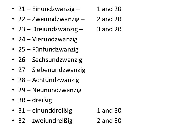  • • • 21 – Einundzwanzig – 22 – Zweiundzwanzig – 23 –