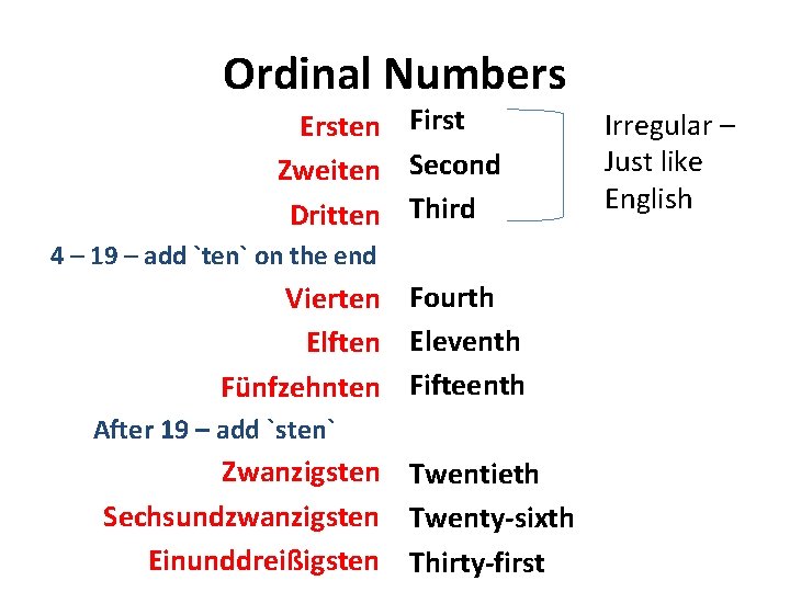 Ordinal Numbers Ersten First Zweiten Second Dritten Third 4 – 19 – add `ten`