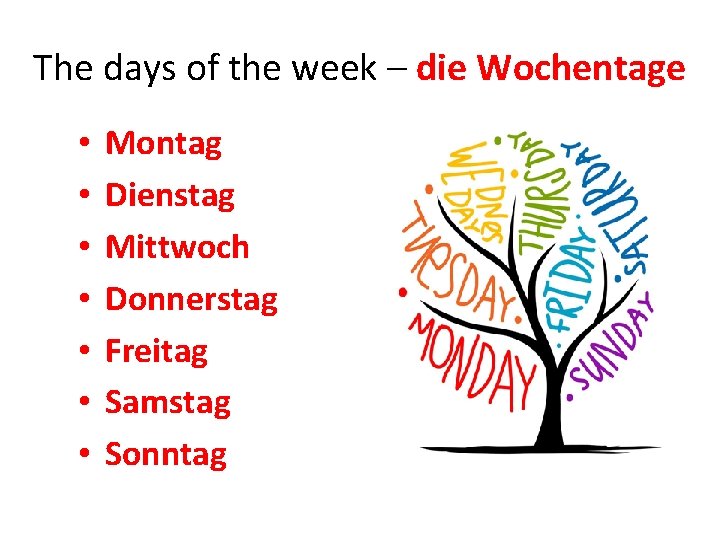 The days of the week – die Wochentage • • Montag Dienstag Mittwoch Donnerstag