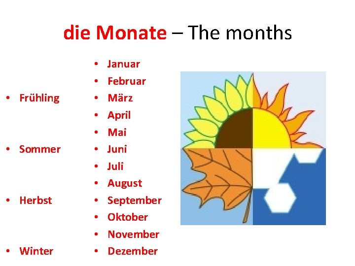 die Monate – The months • Frühling • Sommer • Herbst • Winter •