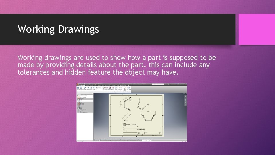 Working Drawings Working drawings are used to show a part is supposed to be