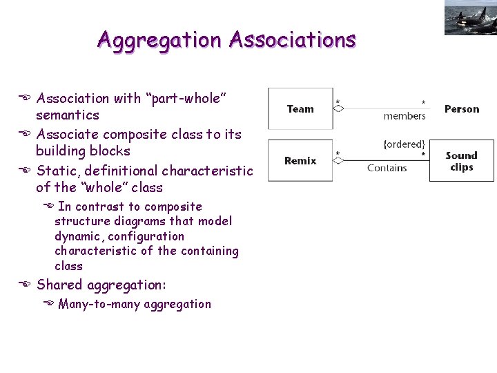 Aggregation Associations E Association with “part-whole” semantics E Associate composite class to its building