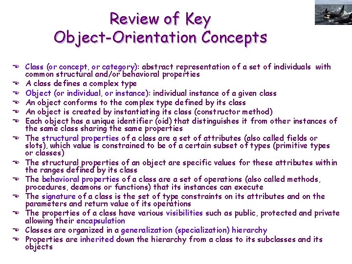 Review of Key Object-Orientation Concepts E Class (or concept, or category): abstract representation of