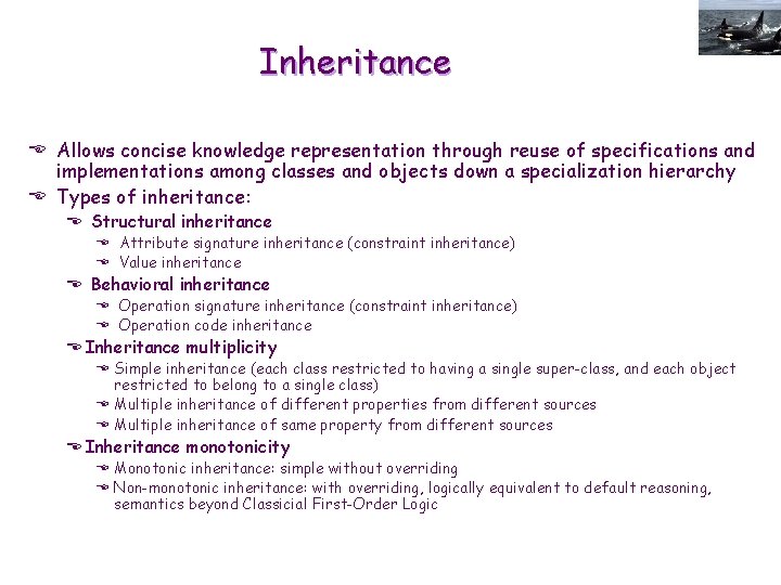 Inheritance E Allows concise knowledge representation through reuse of specifications and implementations among classes