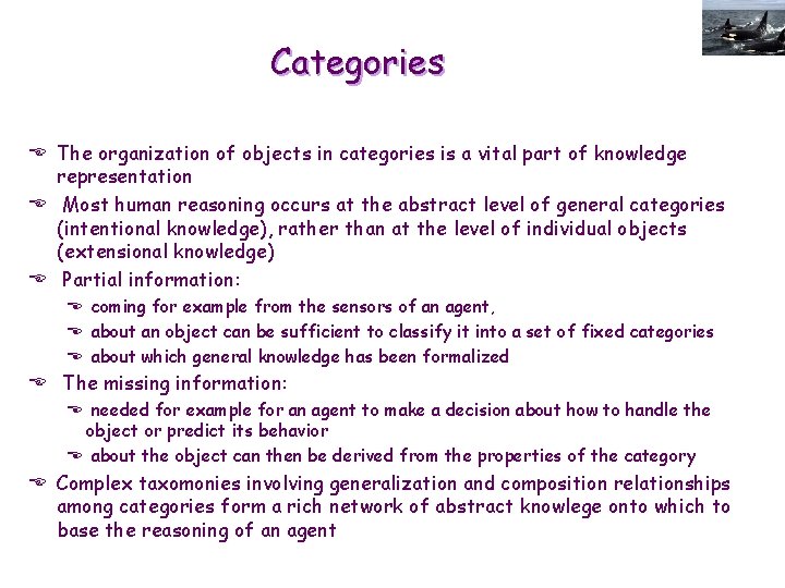Categories E The organization of objects in categories is a vital part of knowledge
