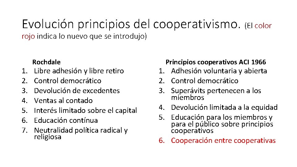Evolución principios del cooperativismo. (El color rojo indica lo nuevo que se introdujo) 1.