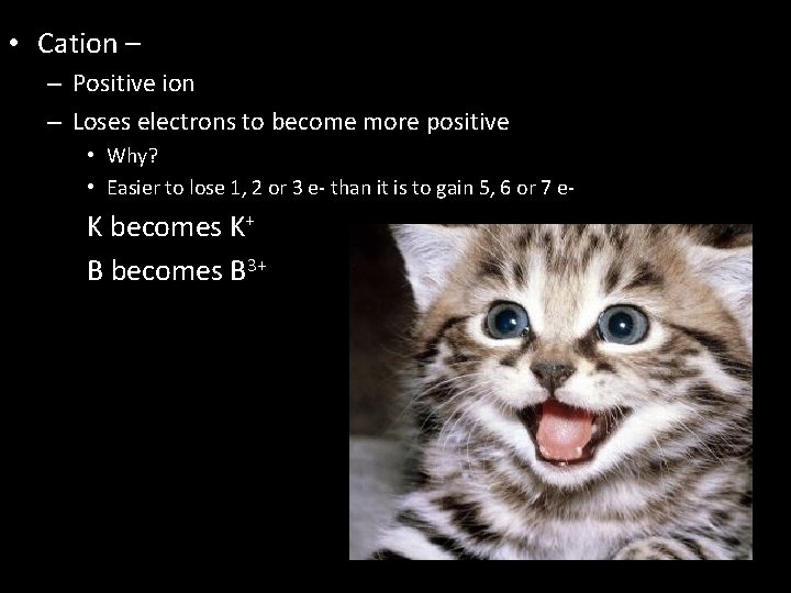  • Cation – – Positive ion – Loses electrons to become more positive