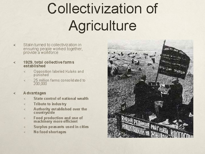 Collectivization of Agriculture Stalin turned to collectivization in ensuring people worked together, provide a