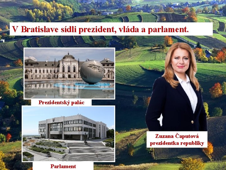 V Bratislave sídli prezident, vláda a parlament. Prezidentský palác Zuzana Čaputová prezidentka republiky Parlament