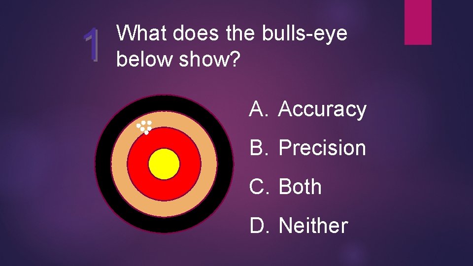 1 What does the bulls-eye below show? A. Accuracy B. Precision C. Both D.
