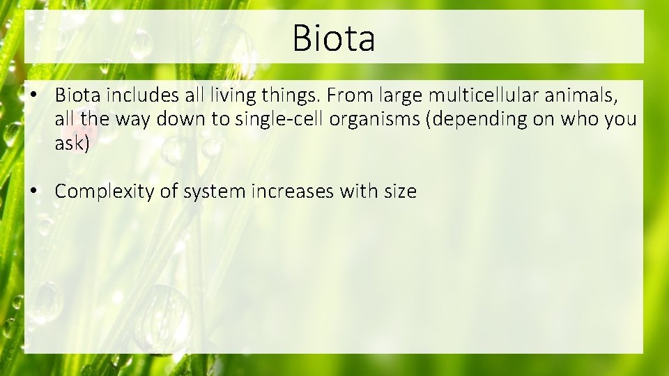 Biota • Biota includes all living things. From large multicellular animals, all the way