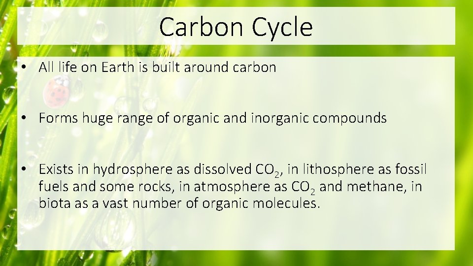 Carbon Cycle • All life on Earth is built around carbon • Forms huge