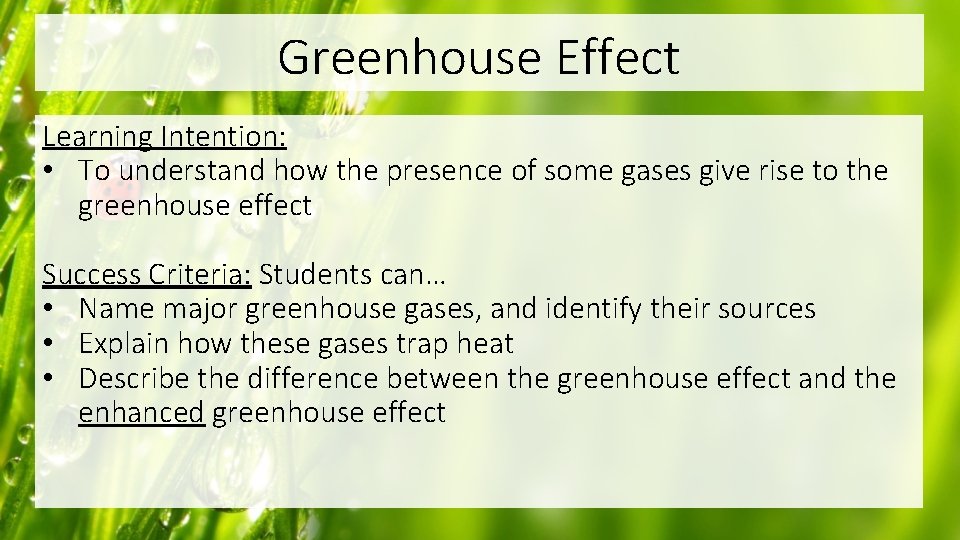 Greenhouse Effect Learning Intention: • To understand how the presence of some gases give