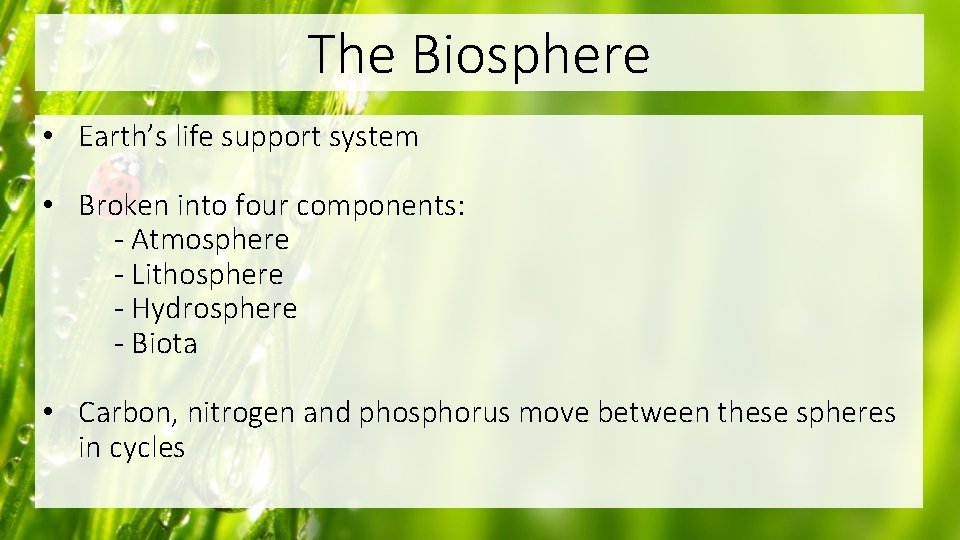 The Biosphere • Earth’s life support system • Broken into four components: - Atmosphere