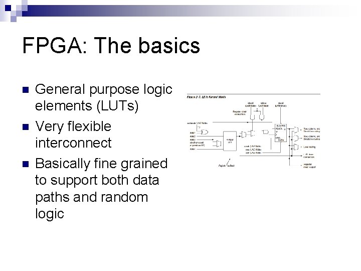 FPGA: The basics n n n General purpose logic elements (LUTs) Very flexible interconnect