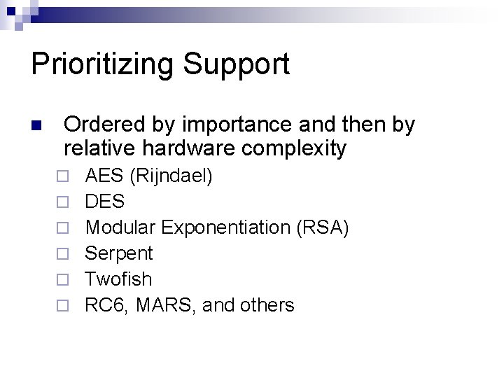 Prioritizing Support n Ordered by importance and then by relative hardware complexity ¨ ¨