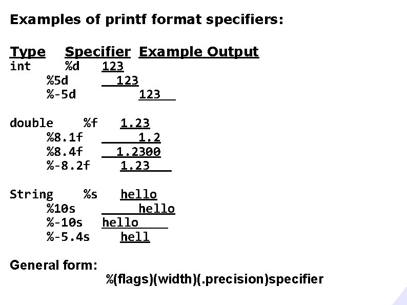 Examples of printf format specifiers: Type int Specifier Example Output %d 123 %5 d Examples of printf format specifiers: Type int Specifier Example Output %d 123 %5 d