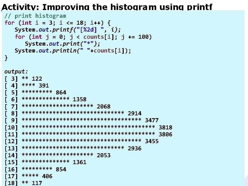 Activity: Improving the histogram using printf // print histogram for (int i = 3; Activity: Improving the histogram using printf // print histogram for (int i = 3;