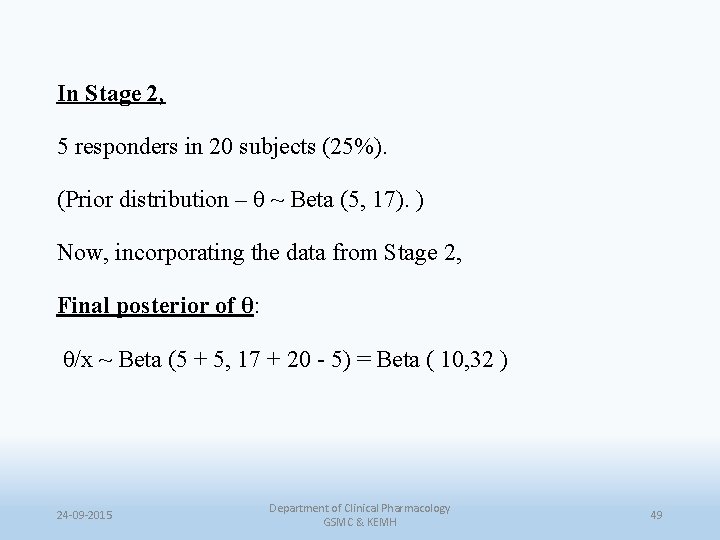 In Stage 2, 5 responders in 20 subjects (25%). (Prior distribution – θ ~