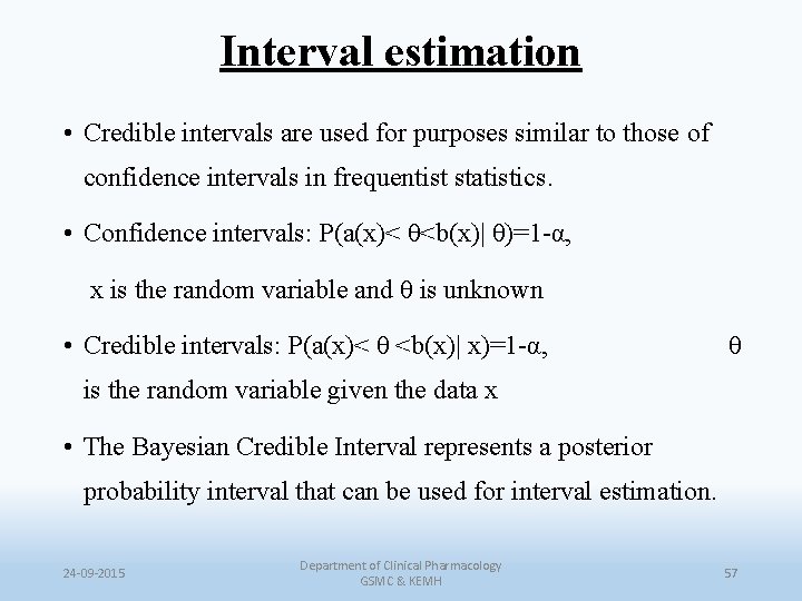 Interval estimation • Credible intervals are used for purposes similar to those of confidence