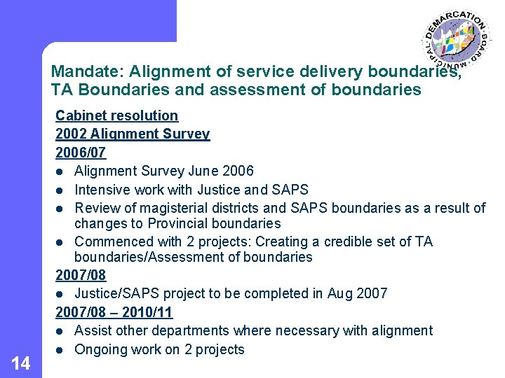 Mandate: Alignment of service delivery boundaries, TA Boundaries and assessment of boundaries 14 Cabinet