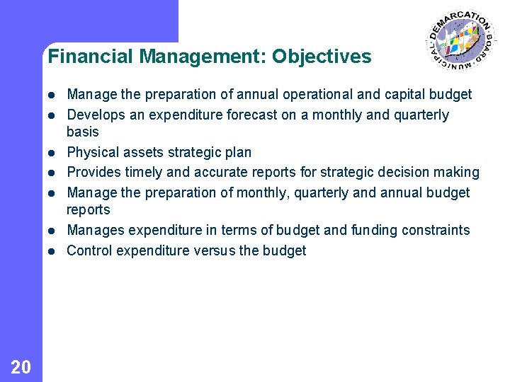 Financial Management: Objectives l l l l 20 Manage the preparation of annual operational